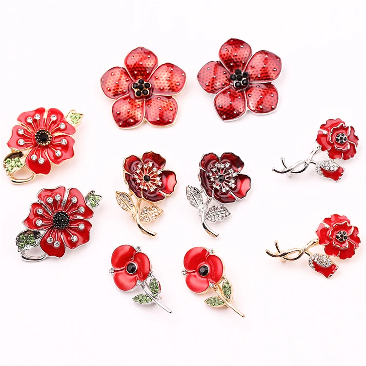 

Beautiful Red Enamel Poppies Flower Brooch Pin Crystal Blossom Lapel Pins Badge Banquet Wedding Jewelry Accessories