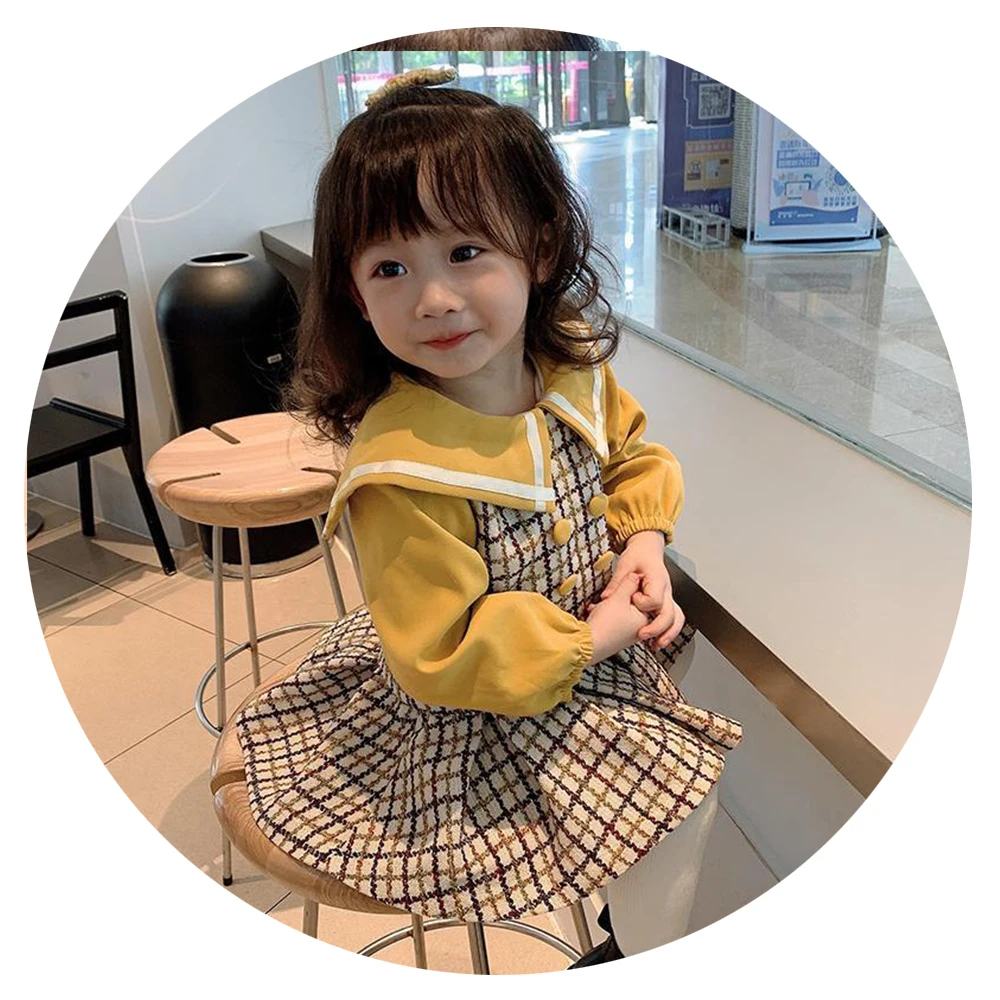 

girl clothes 3-8 years baby dresses with navy lapel children lattice dresses