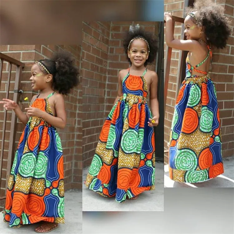 

Hot Selling Baby Custom Design Print Dashiki African Children Girls Wear Dresses Sleeveless Halter Africa Clothing For Kids, Yellow