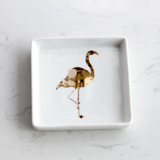 

export ceramics Nordic style square decal gold flower flamingo jewelry storage dish decorative trinket dish, White