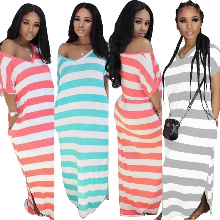 

Fashion New Design Color Stripe Long Women Casual Dresses For Summer