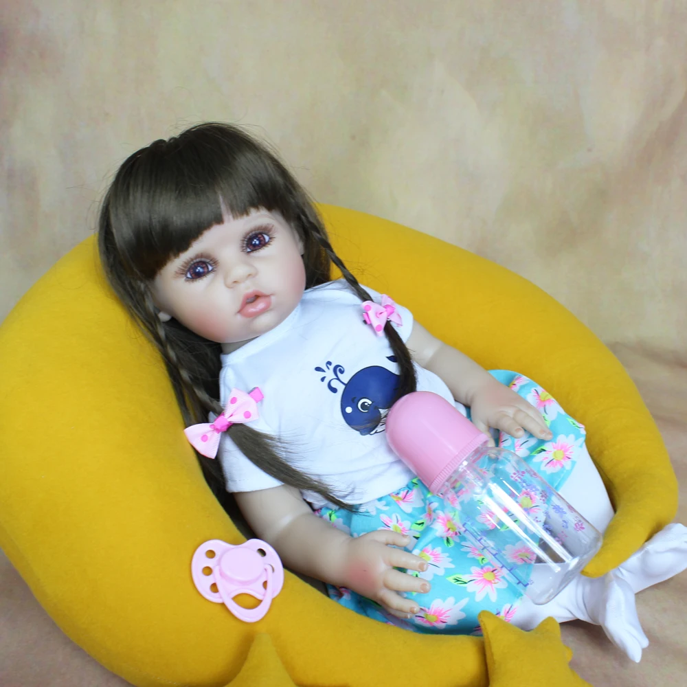 

48 CM Soft Full Silicone Body Reborn Baby Doll For Girl Vinyl Long Hair Bebe Dress Up Birthday Gift Kid Bathe Play House Toy