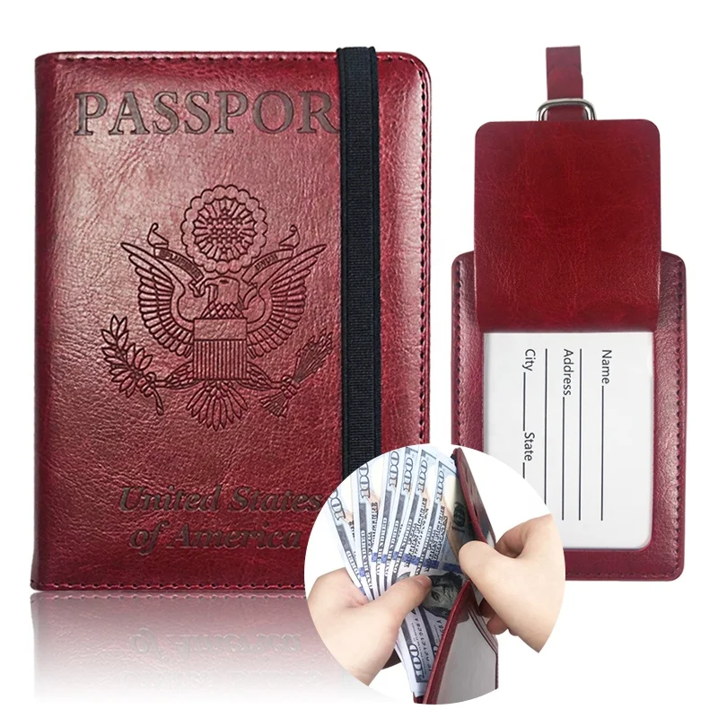 

Popular Gift Set Passport Holder Sublimation and Luggage Tag PU leather Passport Cover With Elastic Band