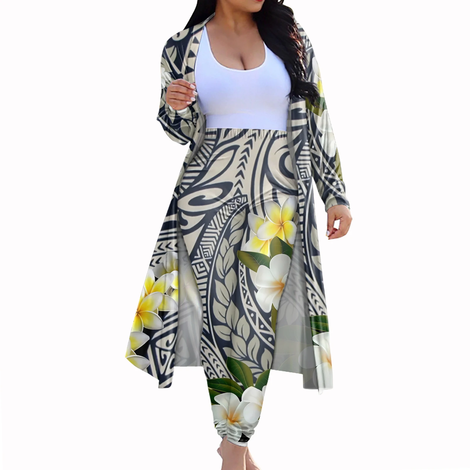 

Hawaiian Plumeria Print Polynesian Traditional Tribal Long Cardigans For Women Custom Coasts For Lady Plus Size Coat And Pant, Customized color