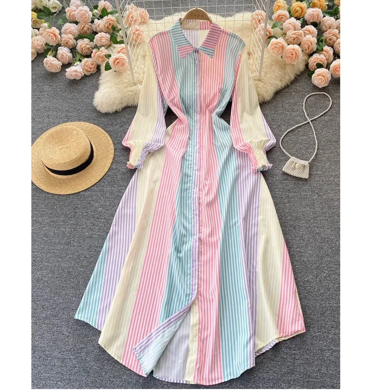 

Spring Summer Long Sleeve Women'S Stripe Maxi Shirt Dresses Ladies Women Casual