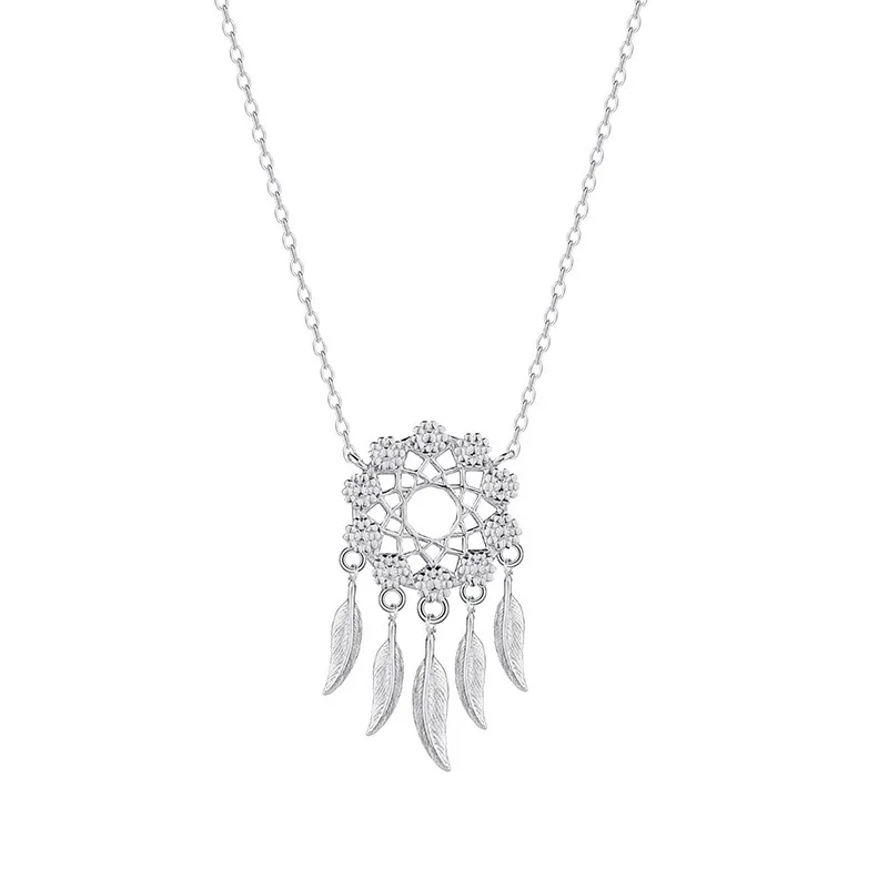 Original Design 925 Sterling Silver Dreamcatcher Pendant Necklace Hollow Feather Charm Necklace for Women Jewelry Gifts