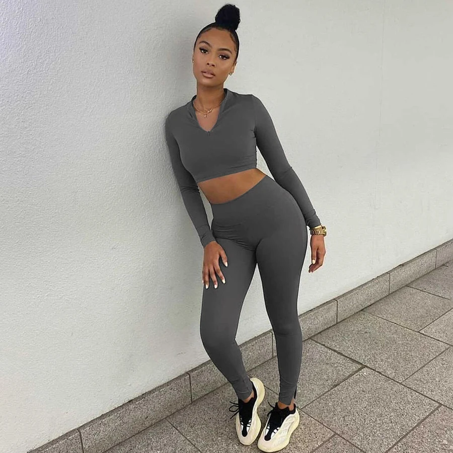 

Kliou K21S07890 Fall 2021 Women Clothes Solid Zipper Long Sleeve Sporty Top + High Waist Pants 2 Piece Set Women