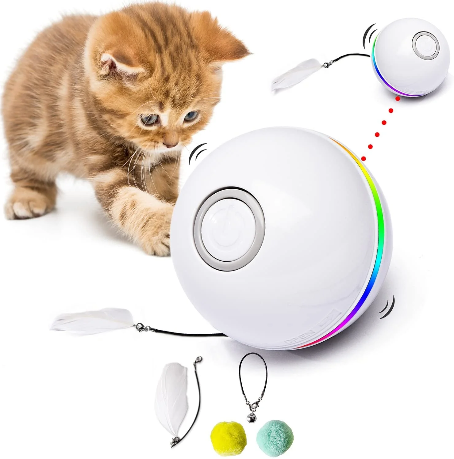 

Automatic Smart Cat Toys Ball Interactive Catnip USB Rechargeable Self Rotating Colorful LED Feather Bells Pet Toys, Pink,blue,white