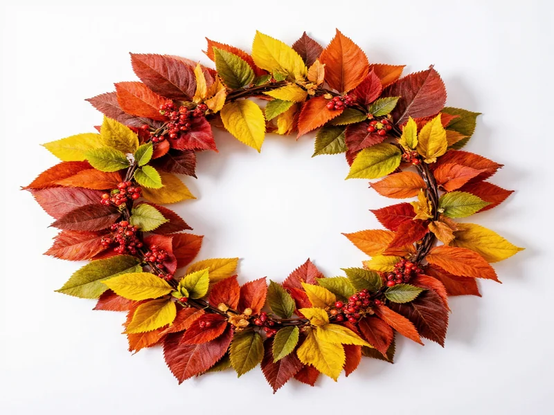Handmade autumn leaf wreath using recycled materials and natural foliage