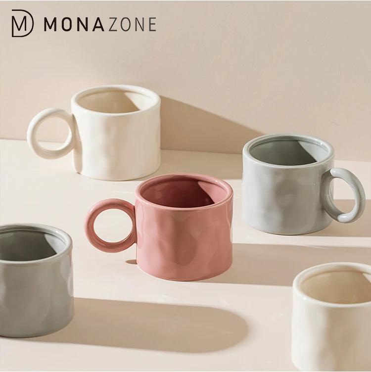 

MONAZONE INS Style Ceramic Mug Special Shape Ring Handle Solid Morandi Color Milk Tea Cup Water Drinking Cup for Breakfast