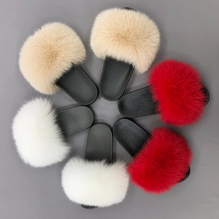 

Fashion soft big lage fluffy fur slides fox real fur slides wholesale fluffy, Customized color