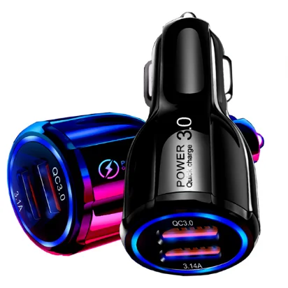 

DC 12V 24V Quick Charge 3.0 18W Dual USB Mini Car Charger Fast Charging Car Wireless Car Charger with LED Light, Black/white