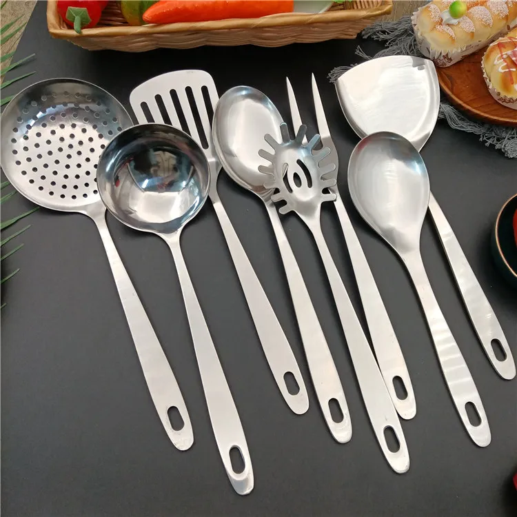 

Whole sale Stainless steel pasta spoon ladle Skimmer Turner Slotted Spatula and Spaghetti Server flatware set, Silver