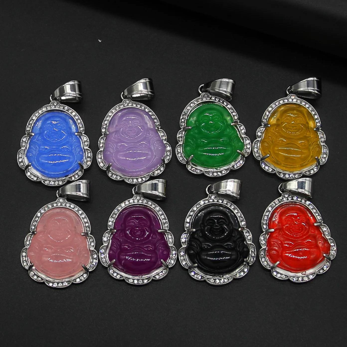 

Multi Color Stainless Steel Diamond Inlay Maitreya Buddha Pendant Necklace Hip Hops Big Belly Malay Jade Buddha pendant Necklace