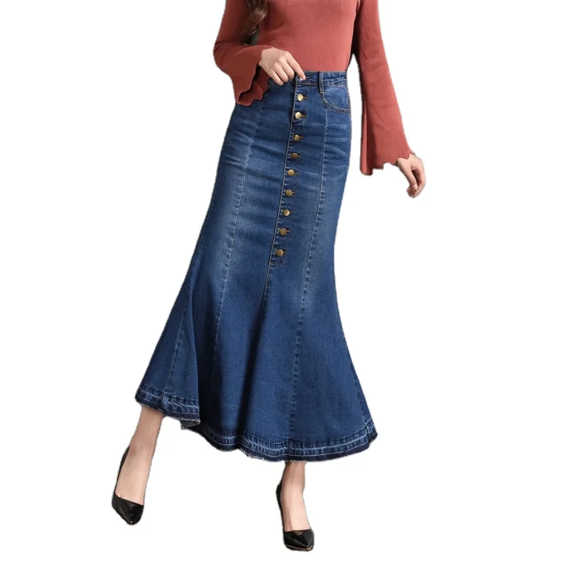 

New Fashion Long Bodycon Skirts Women High Waist Button Pocket Front Fishtail Blue Denim Maxi Skirt Slim Literary Style