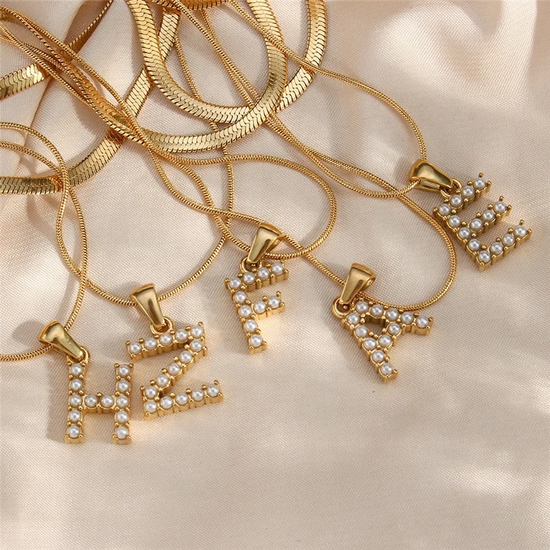 

Waterproof Stainless Steel 26 A-Z initial Letter Pearl Pendant Necklace Double Herringbone Snake Chain Choker Jewelry For Women