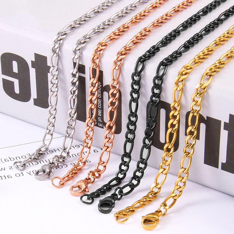 

18K gold plated hip hop tarnish free jewelry Stainless Steel 20 to 28inche Figaro Cuban Link Chain Necklace for Men Women, Gold,silver,black,pink