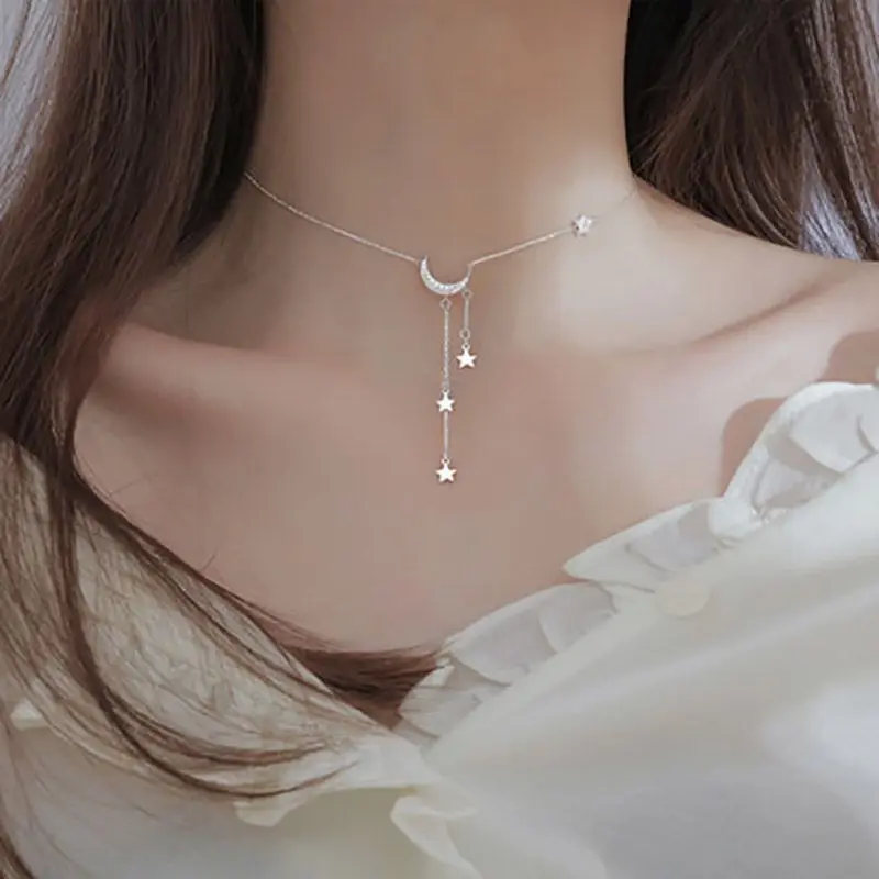 

sterling silver 925 jewellery Necklace Diamond Moon Star Tassel Pendant 925 Sterling Silver Necklace, Picture