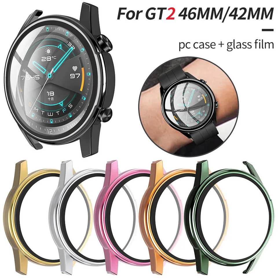 

2020 New PC Screen Protector Cover For Huawei Watch GT2 46mm 42mm 2E Case Bumper With Tempered Glass Film Full Shell, Black,white,blue,red,pink