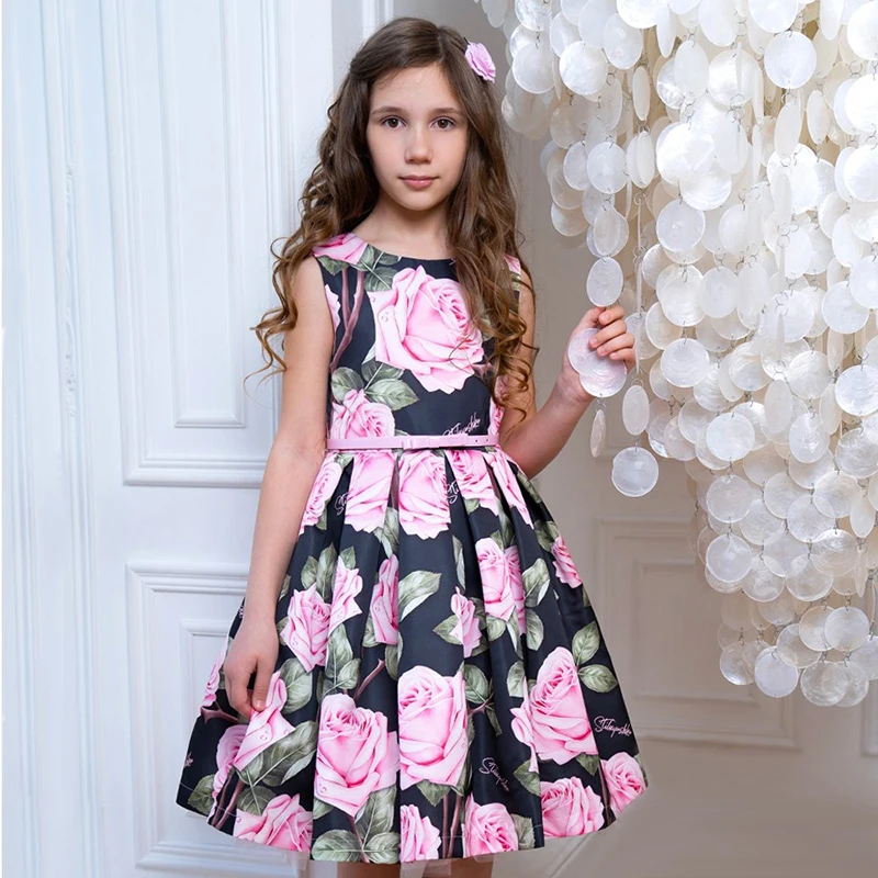 

Rose Print Sleeveless Children Clothing Kids Casual Girls Summer Dresses for 11 Years, Black or custom
