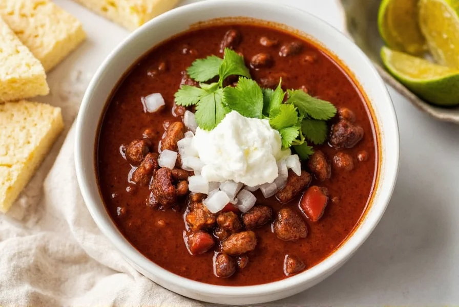 Bowl of rich, dark red brisket chili topped with fresh cilantro, sour cream, and diced onions served with cornbread