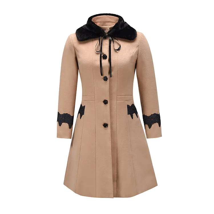 

2020 Autumn and Winter Women's Coat New Woolen Lapel Lace Mid-Length Coat