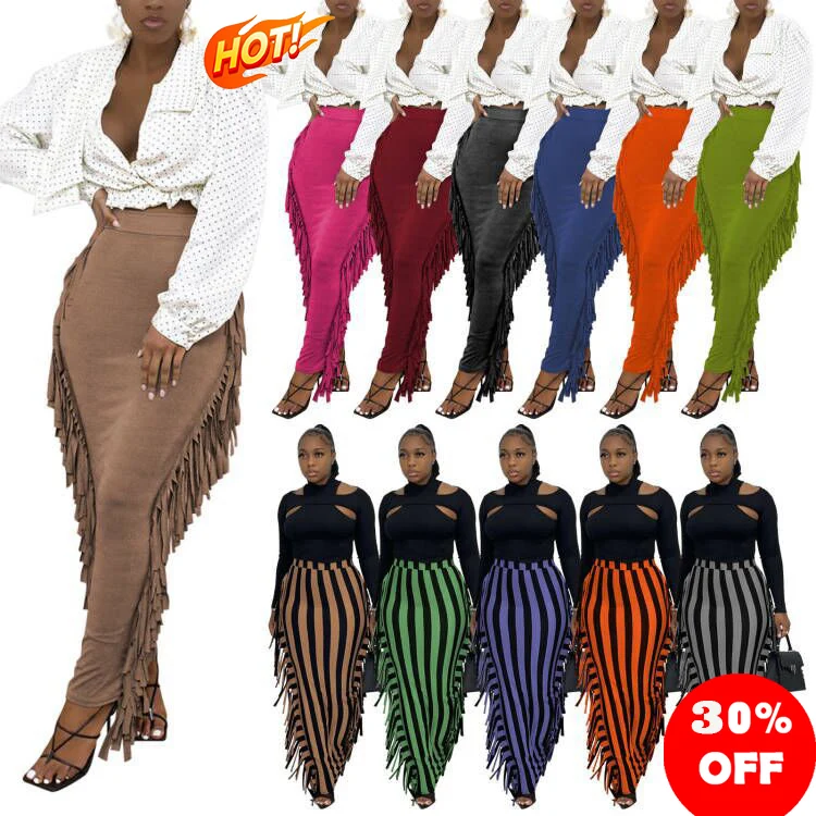 

2021fashion skirts women clothing career dresses slim maxi skirt with tassels women solid color vintage pencil skirt office wear