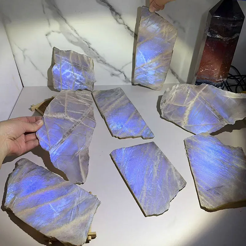Wholesale Polished Healing Crystal Slabs Good Flashy Natural Blue Moonstone Crystal Freeform Rough Side Slices for Decoration