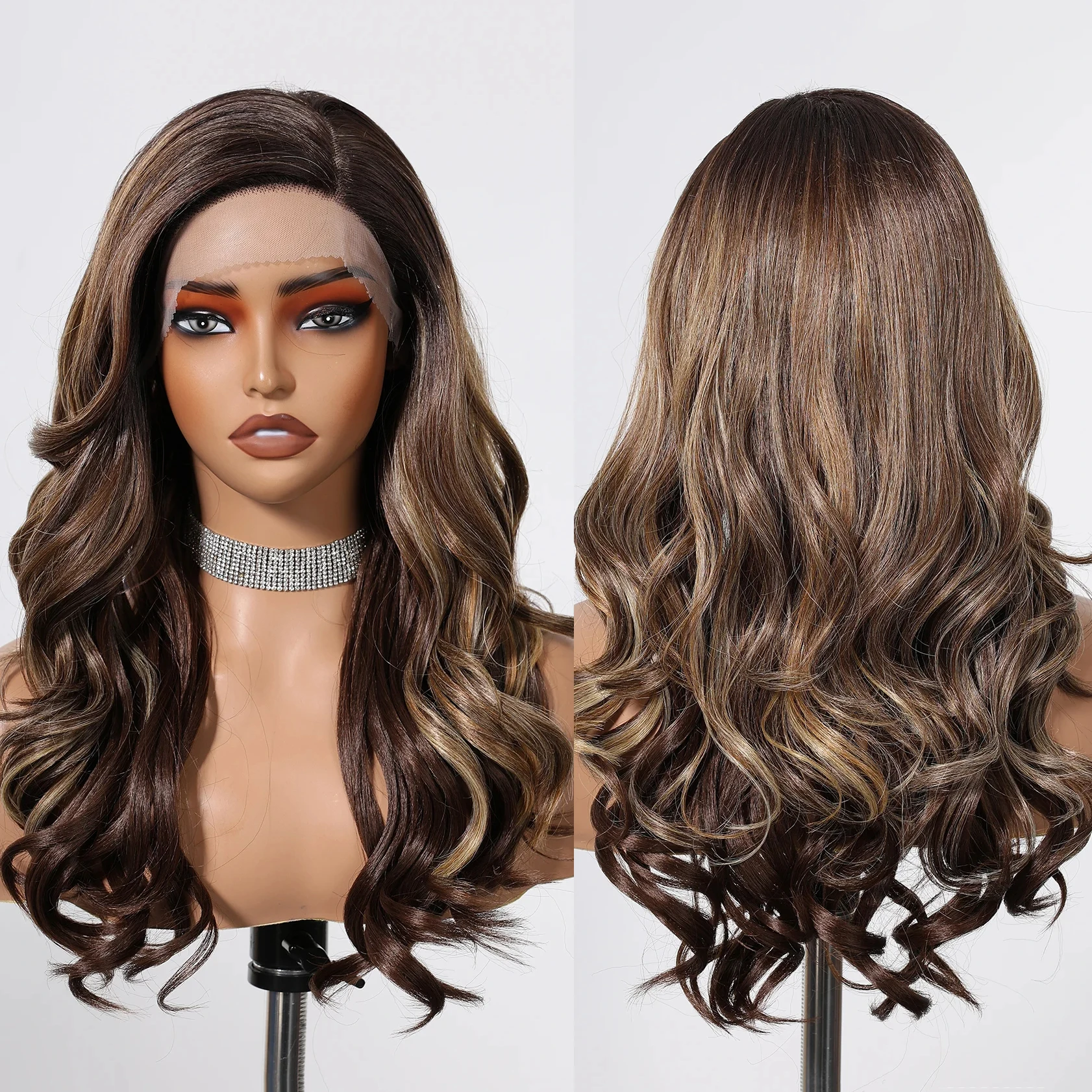 Imported Chemical Fiber Front Lace Brown Curly Synthetic Lace Wigs Natural Mixed Brown Wig  Soft Lace Front Hair Heat Resistant