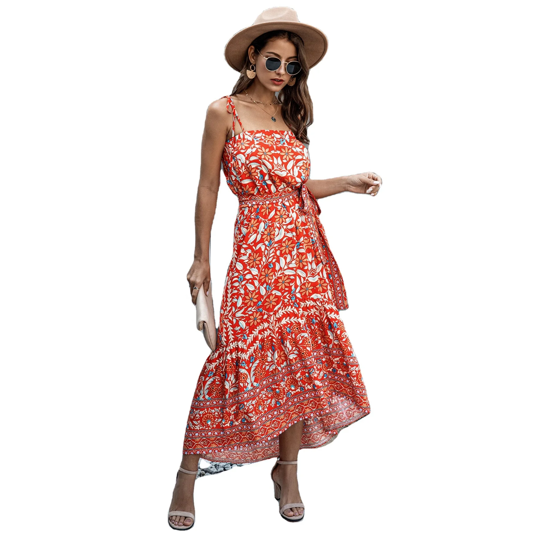 

Wholesale Summer Women Casual Boho Sleeveless Slip Dress Frill Floral Print Beach Sundress, Red,pink