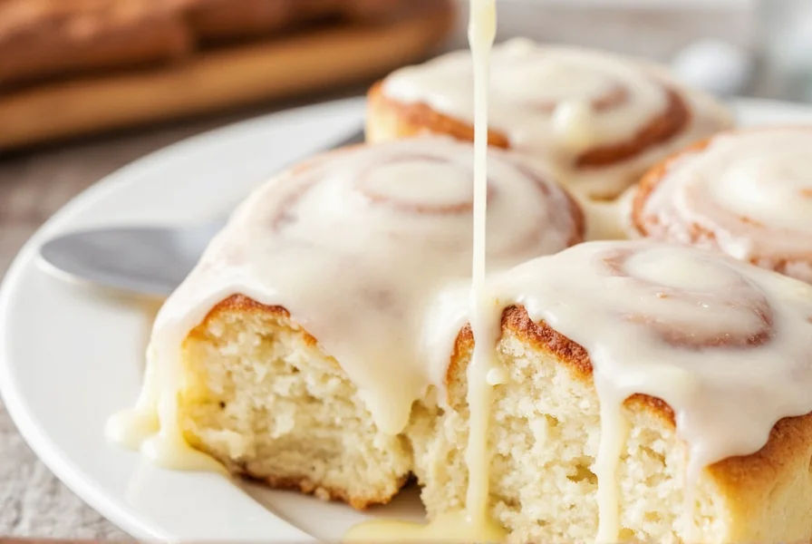 Three different homemade cinnamon roll icing variations in small bowls: classic white, cream cheese beige, and maple brown