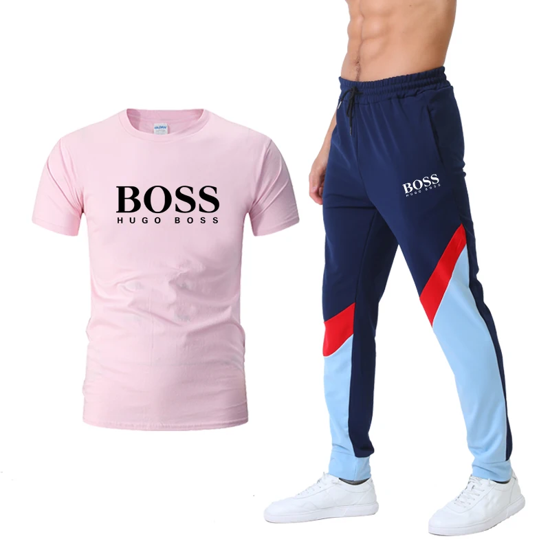 

New arrival print logo male summer clothing solid custom shirts and trousers jogging suit for men two piece short set