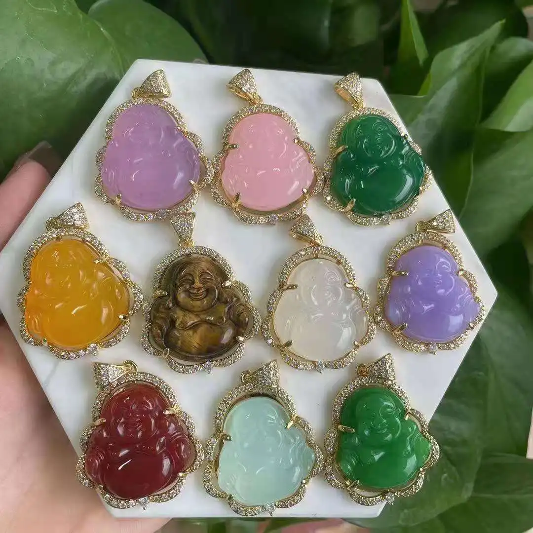 

Hot Sale Buddha With Cublic Zirconia Necklace Jewelry Colorful Natural Buddha Pendant Real Jade Necklaces For Women Men