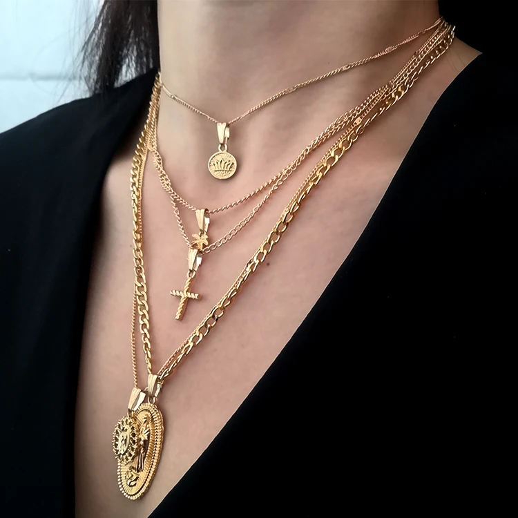 

Multilayer 18k gold plated pendant necklace cross jewelry women, Picture