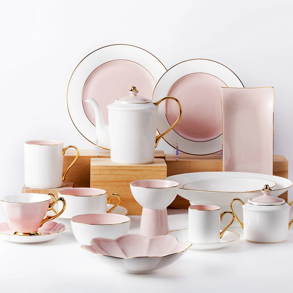 

Factory Direct Customizable Yayu pink picnic tableware set for party afternoon tea plate coffee cup bone china tableware sets