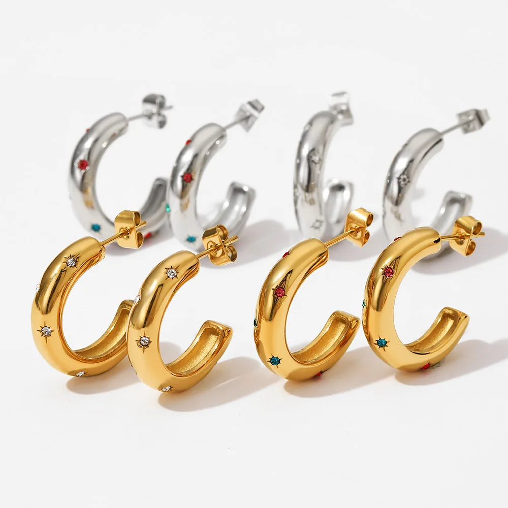 

Clioro INS Exquisite Stainless Steel Hexagram Shape Colorful Zircon Polished Small C Hoop Earrings For Women Jewelry