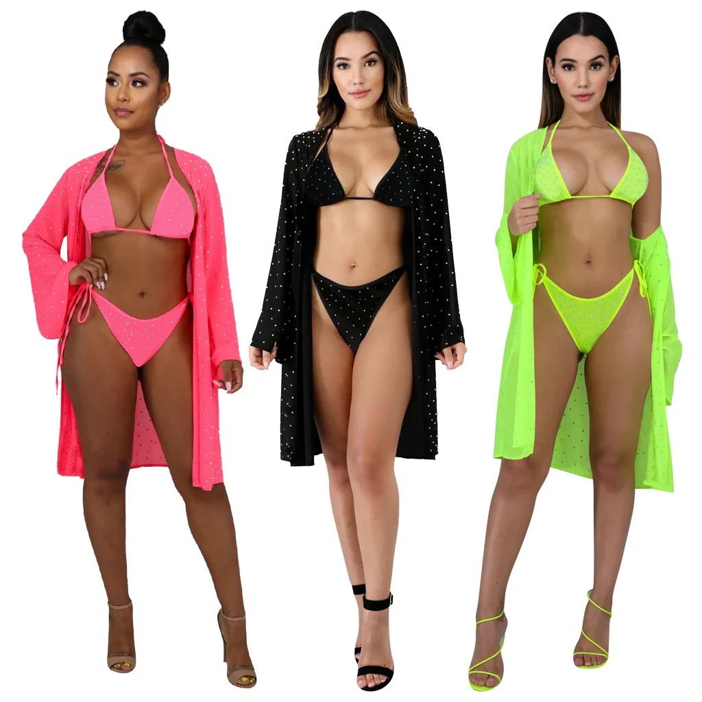 

2020 Wholesale new design ladies plus size three piece swimwear sexy sequined bikini spaghetti strap bow tied outfits, Black/green/red