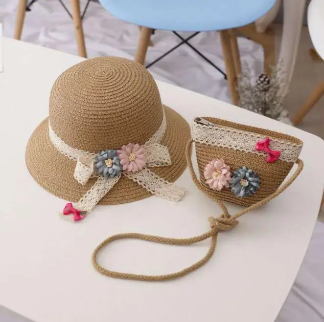 

Summer Beach Straw Bag and Hat sets kids,bucket hat and bag set for beach,custom summer women hand straw beach hat and bags