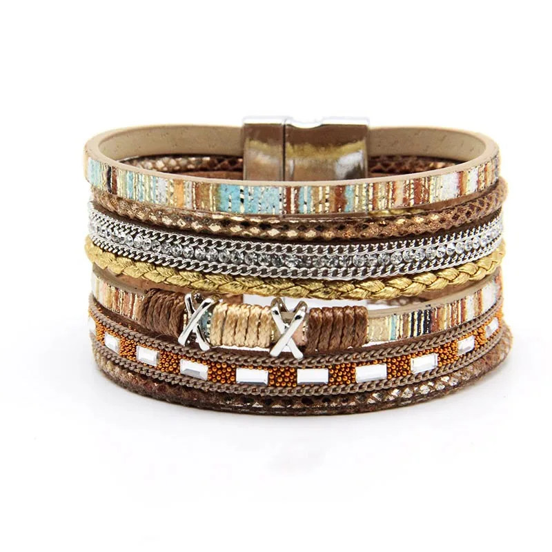 

2022 Amazon Hot Sale Boho Ethnic Colorful Magnetic Buckle Multilayers Leather Wrap Bracelet For Women