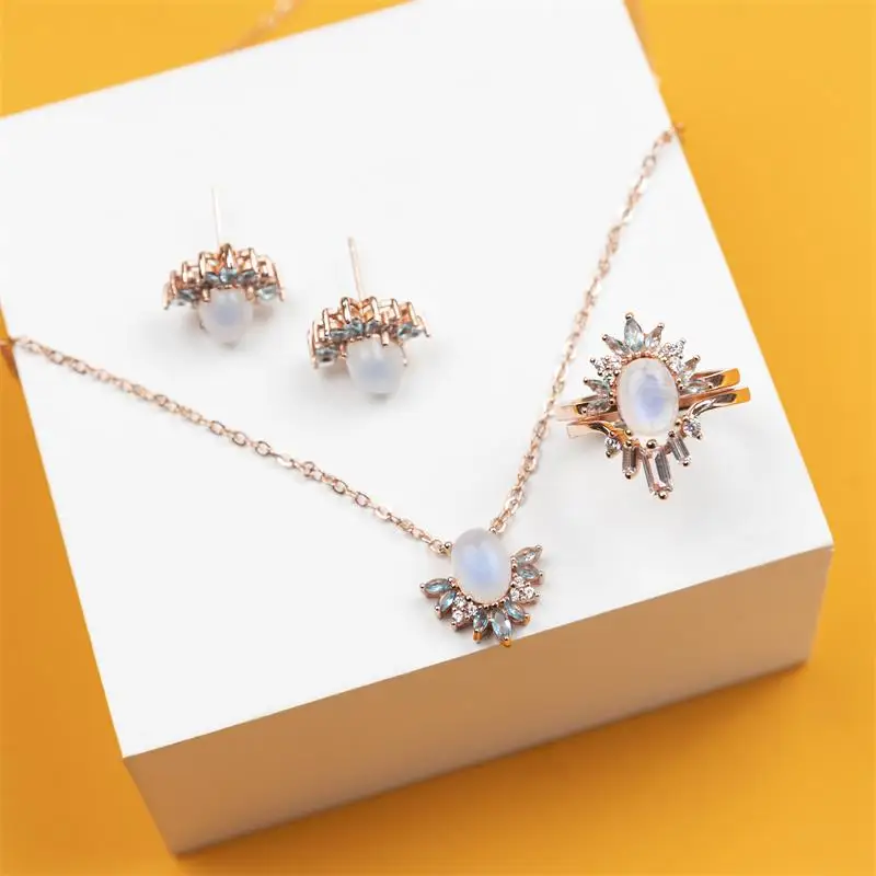 

Milliedition hot selling jewelry set moonstone opal pendant necklace rings stud earrings jewelry set, Picture shows