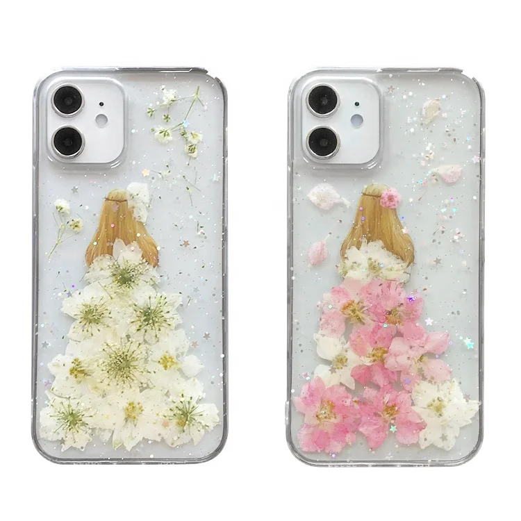 

2021 dropshipping Epoxy pressed dried real flower phone case back girly clear soft back cover for iphone 11/12 13 pro max 6 7 8