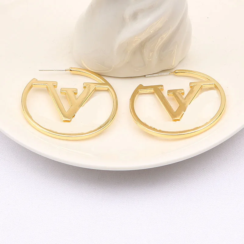 

New Arrival 14k Gold Plated 2 Big Round Hoop Earrings letter v Large round Drop Earrings For Women, Golden,silver