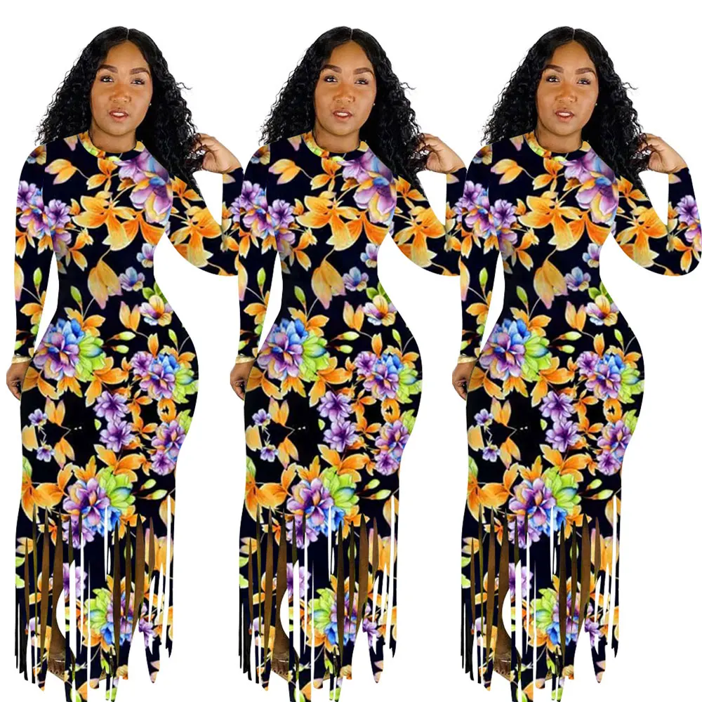 

20730-MX84 tassel long sleeve flower print pencil dresses pencil sehe fashion