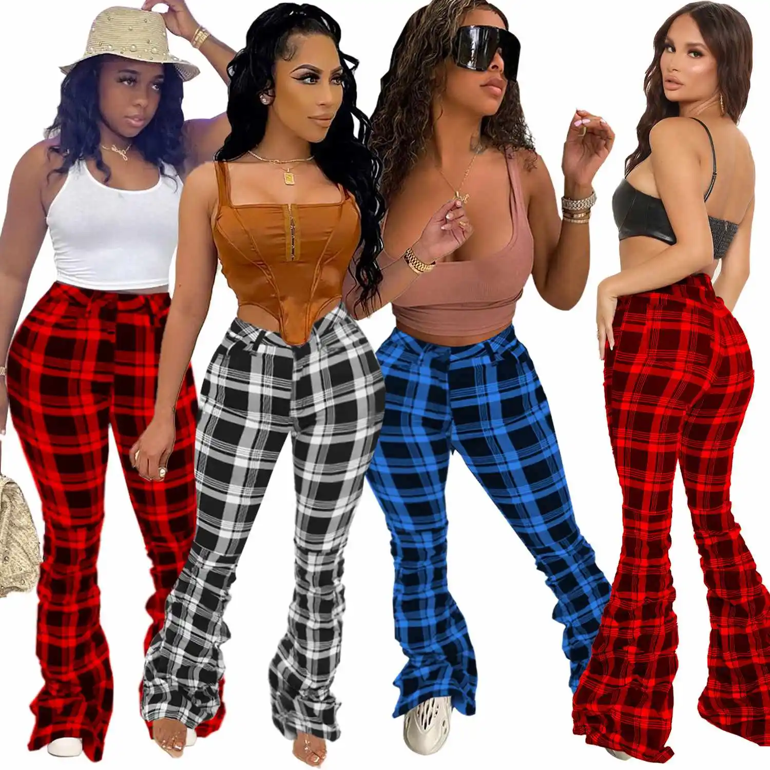 

Trendy 2021 Fall Fashionable Women Pants Trousers Stacked Zipper Pencil Pants Autumn Plaid Print Pleated Long Pants