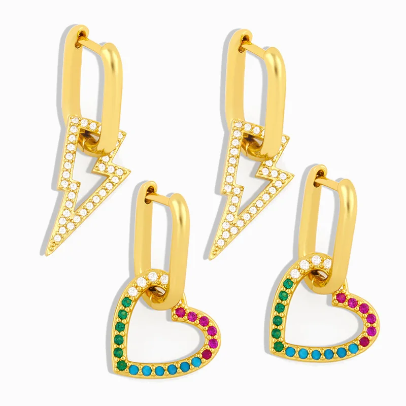 

Ins Design 18K Gold Plated Multicolor Zircon CZ Micro Paved Lightning and Heart Pendant Earrings, Gold/silver