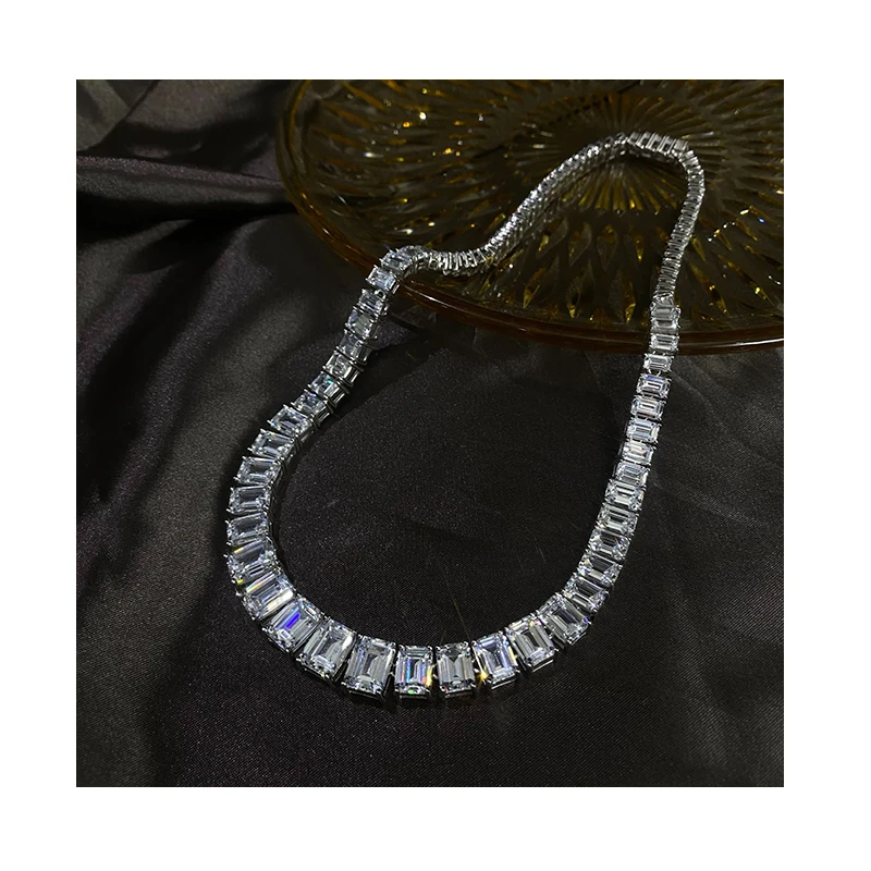 

Luxury Shiny Emerald Cut White Zirconia Prong Setting 925 Sterling Silver Tennis Necklace Hiphop