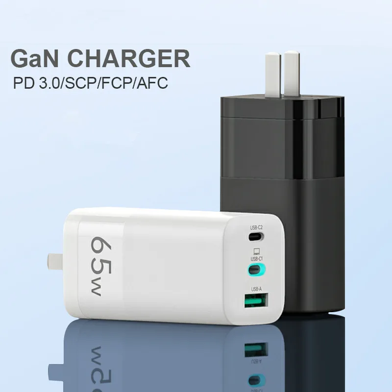 

New Trend GaN 65W PD Wall Charger 3 Ports Tablet Laptop Power Charger for Mobile Phone for iPhone MacBook iPad, Black, white