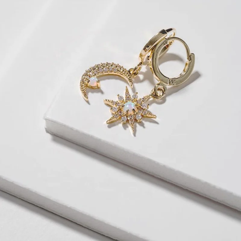 

2019 Christmas gift New arrived jewelry micro pave cz White fire opal MOON STAR drop earring stock, Picture