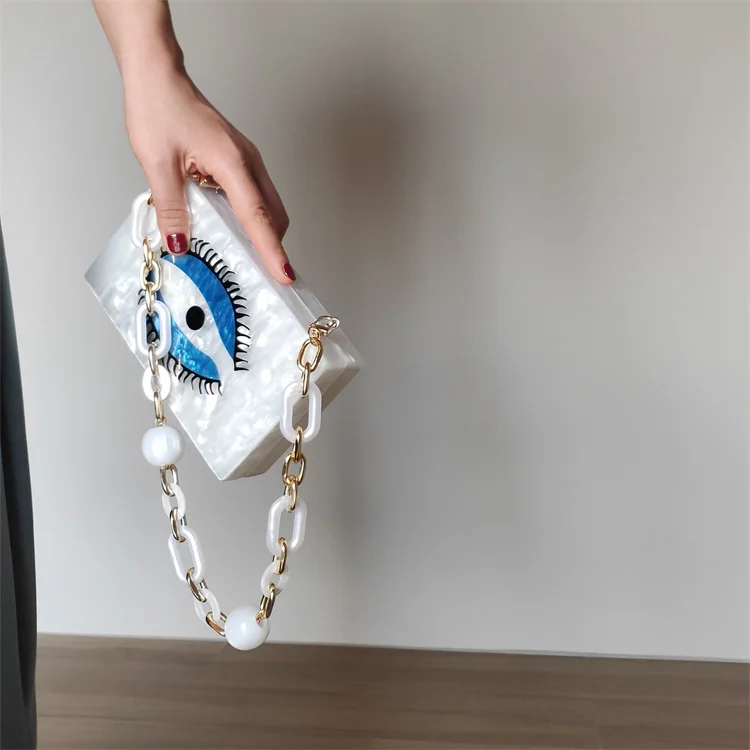 

Pearl White Women clutch bag evening bag evil eye luxury Acrylic day Clutch bling party purse Handbag