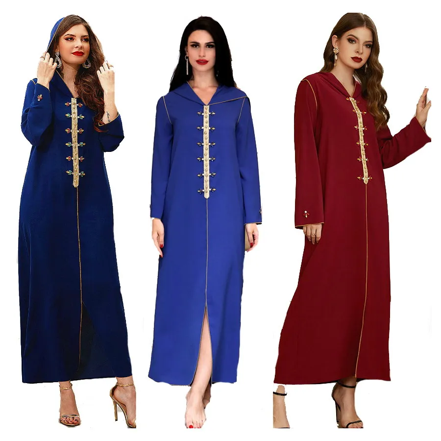 

Islamic dresses Foma BA305 dubai elegant fashion muslim women abaya exquisite rhinestones hooded long sleeve maxi dress, 3 colors